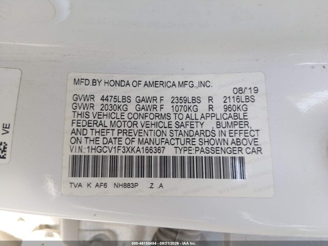 2019 Honda Accord Sport მანქანა იყიდება აუქციონზე, vin: 1HGCV1F3XKA166367, აუქციონის ნომერი: 46150484