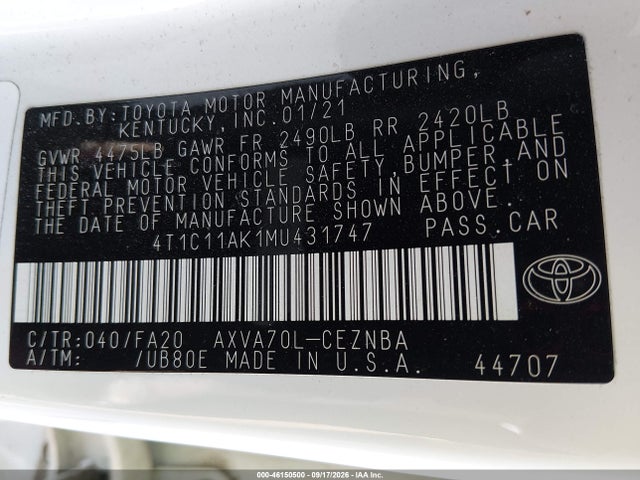 Продажа на аукционе авто 2021 Toyota Camry Le, vin: 4T1C11AK1MU431747, номер лота: 46150500