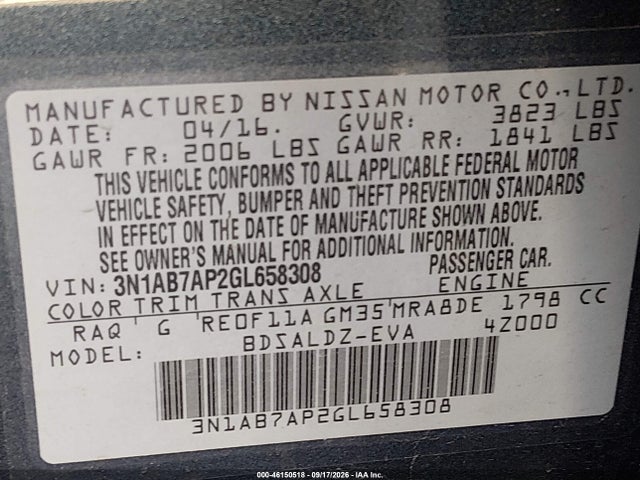 2016 Nissan Sentra Fe+ S/s/sl/sr/sv მანქანა იყიდება აუქციონზე, vin: 3N1AB7AP2GL658308, აუქციონის ნომერი: 46150518