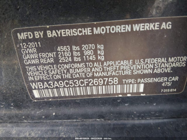 Aukcja sprzedaży 2012 Bmw 335i, vin: WBA3A9C53CF269758, numer aukcji: 46150528