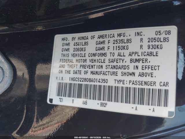 Продаж на аукціоні авто 2008 Honda Accord 3.5 Ex-l, vin: 1HGCS22808A014350, номер лоту: 46150541