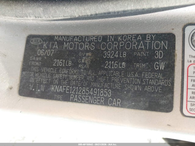 46150542 :رقم المزاد ، KNAFE121285491853 vin ، 2008 Kia Spectra Ex مزاد بيع