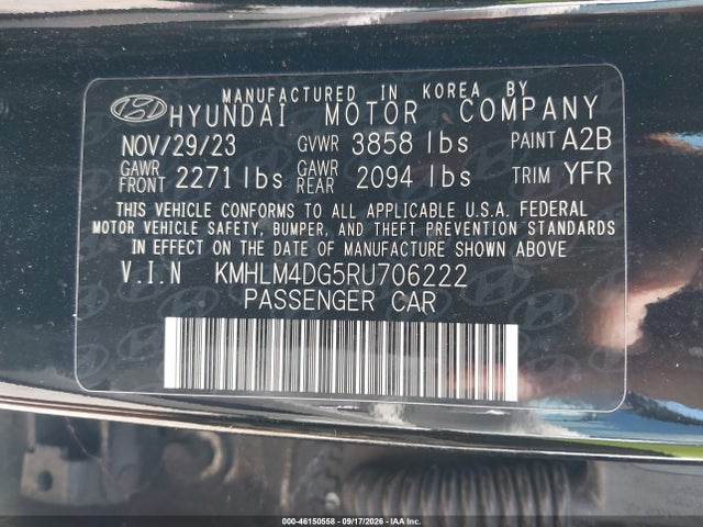 2024 Hyundai Elantra Sel მანქანა იყიდება აუქციონზე, vin: KMHLM4DG5RU706222, აუქციონის ნომერი: 46150558
