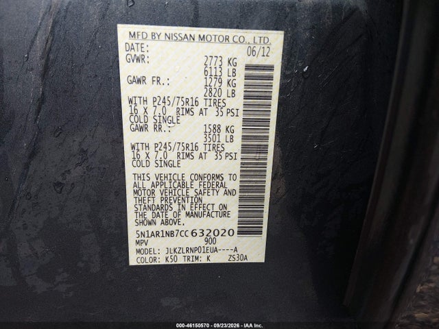 46150570 :رقم المزاد ، 5N1AR1NB7CC632020 vin ، 2012 Nissan Pathfinder S مزاد بيع