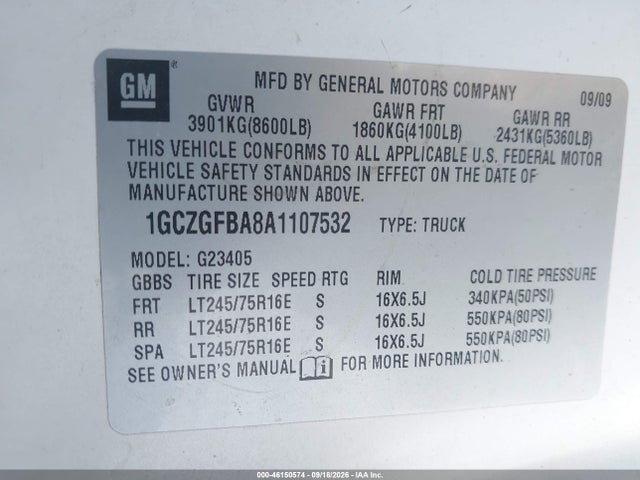 46150574 :رقم المزاد ، 1GCZGFBA8A1107532 vin ، 2010 Chevrolet Express 2500 Work Van مزاد بيع