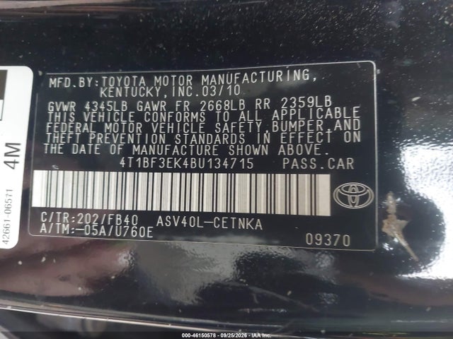46150578 :رقم المزاد ، 4T1BF3EK4BU134715 vin ، 2011 Toyota Camry Le مزاد بيع