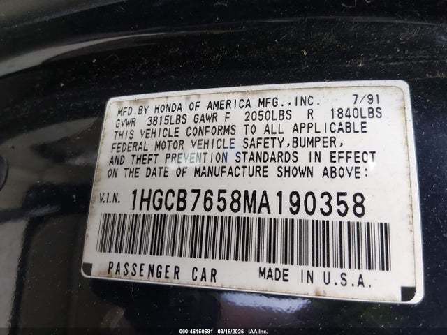 Aukcja sprzedaży 1991 Honda Accord Lx/ex, vin: 1HGCB7658MA190358, numer aukcji: 46150581