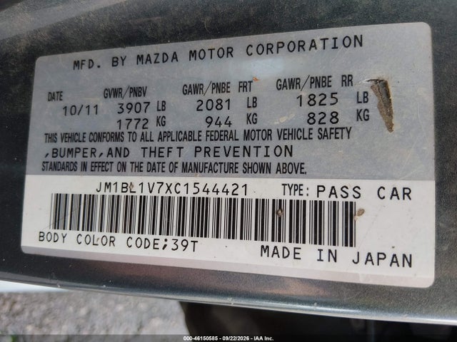 Aukcja sprzedaży 2012 Mazda Mazda3 I Touring, vin: JM1BL1V7XC1544421, numer aukcji: 46150585