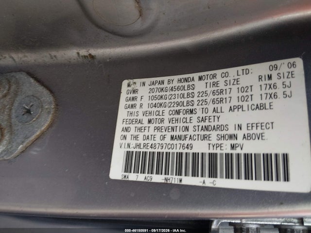 Auction sale of the 2007 Honda Cr-v Ex-l, vin: JHLRE48797C017649, lot number: 46150591