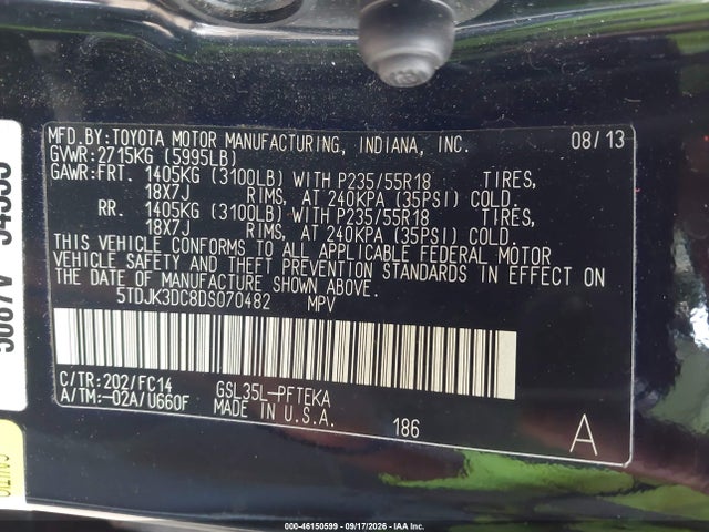 Продаж на аукціоні авто 2013 Toyota Sienna Le 7 Passenger, vin: 5TDJK3DC8DS070482, номер лоту: 46150599