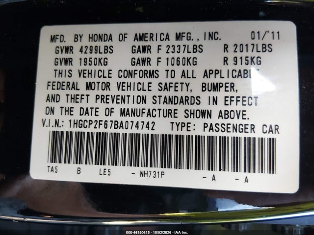 Продаж на аукціоні авто 2011 Honda Accord Se, vin: 1HGCP2F67BA074742, номер лоту: 46150615
