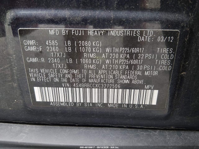 2012 Subaru Outback 2.5i Premium მანქანა იყიდება აუქციონზე, vin: 4S4BRBCCXC3272506, აუქციონის ნომერი: 46150617