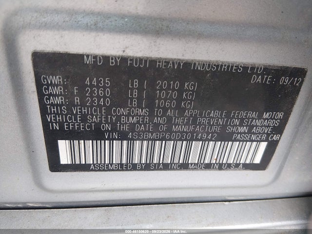 2013 Subaru Legacy 2.5i Limited მანქანა იყიდება აუქციონზე, vin: 4S3BMBP60D3014942, აუქციონის ნომერი: 46150620