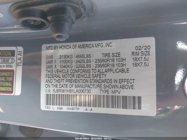 5J6RW1H81LA006730 Honda Cr-v 2wd Ex-l