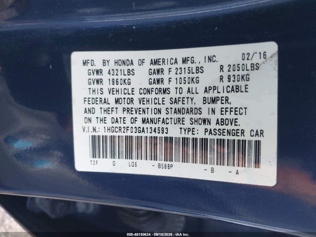 Honda ACCORD EX 2016 1HGCR2F03GA134593 Image 9