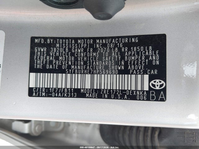 Продажа на аукционе авто 2017 Toyota Corolla Le, vin: 5YFBURHE7HP569690, номер лота: 46150647