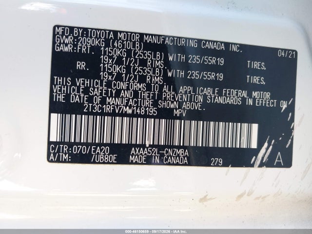 2021 Toyota Rav4 Xle Premium მანქანა იყიდება აუქციონზე, vin: 2T3C1RFV7MW148195, აუქციონის ნომერი: 46150659