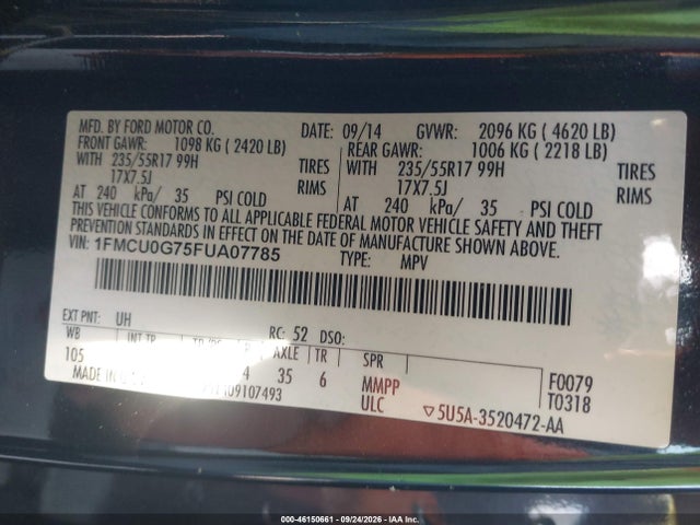 2015 Ford Escape Se მანქანა იყიდება აუქციონზე, vin: 1FMCU0G75FUA07785, აუქციონის ნომერი: 46150661