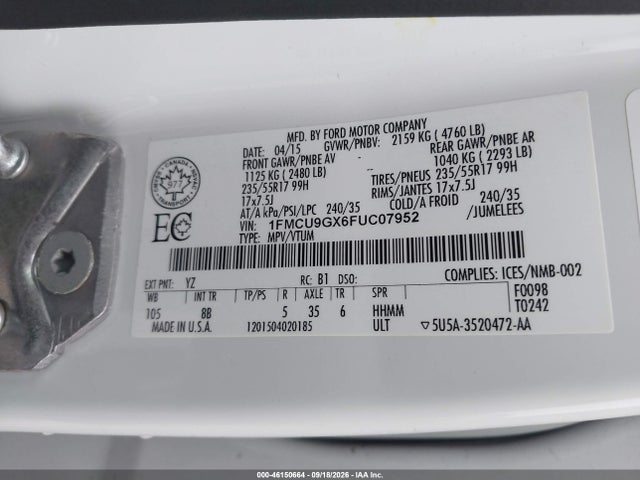 Aukcja sprzedaży 2015 Ford Escape Se, vin: 1FMCU9GX6FUC07952, numer aukcji: 46150664
