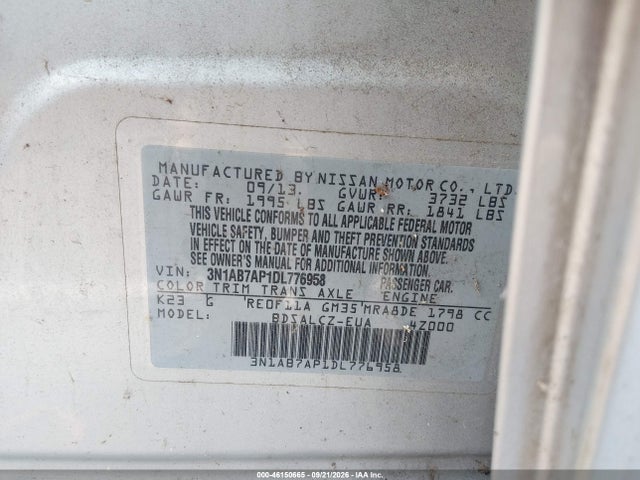 46150665 :رقم المزاد ، 3N1AB7AP1DL776958 vin ، 2013 Nissan Sentra S مزاد بيع