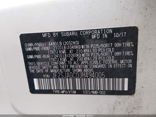 2018 Subaru Forester 2.5i Premium მანქანა იყიდება აუქციონზე, vin: JF2SJAGC0JH494005, აუქციონის ნომერი: 46150667
