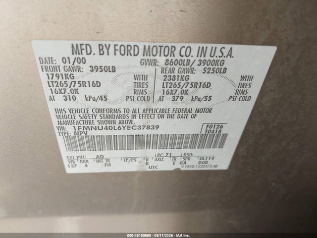 Продажа на аукционе авто 2000 Ford Excursion Xlt, vin: 1FMNU40L6YEC37839, номер лота: 46150668