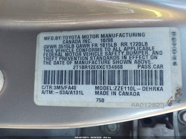 Продаж на аукціоні авто 1999 Toyota Corolla Ve, vin: 2T1BR12E6XC134668, номер лоту: 46150674