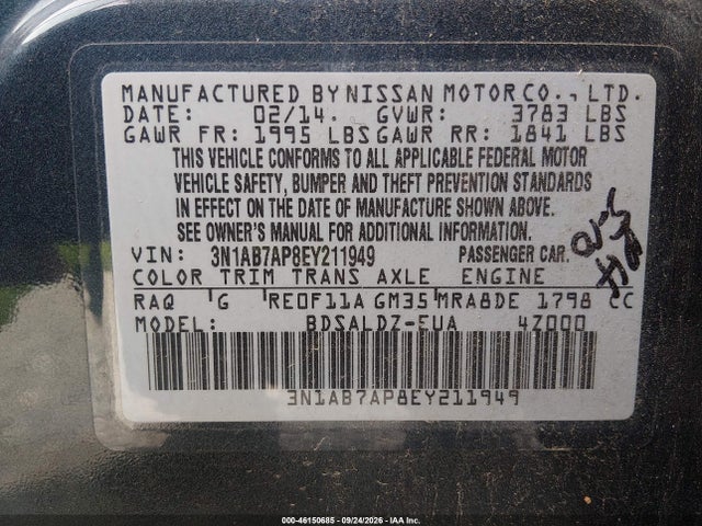 Продажа на аукционе авто 2014 Nissan Sentra, vin: 3N1AB7AP8EY211949, номер лота: 46150685