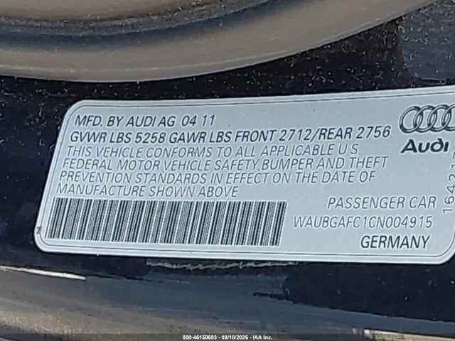 Aukcja sprzedaży 2012 Audi A6 3.0 Premium, vin: WAUBGAFC1CN004915, numer aukcji: 46150693