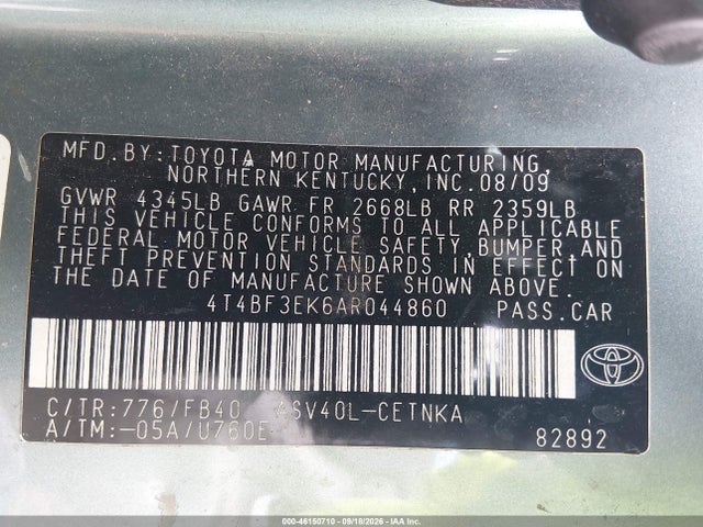 2010 Toyota Camry Le მანქანა იყიდება აუქციონზე, vin: 4T4BF3EK6AR044860, აუქციონის ნომერი: 46150710