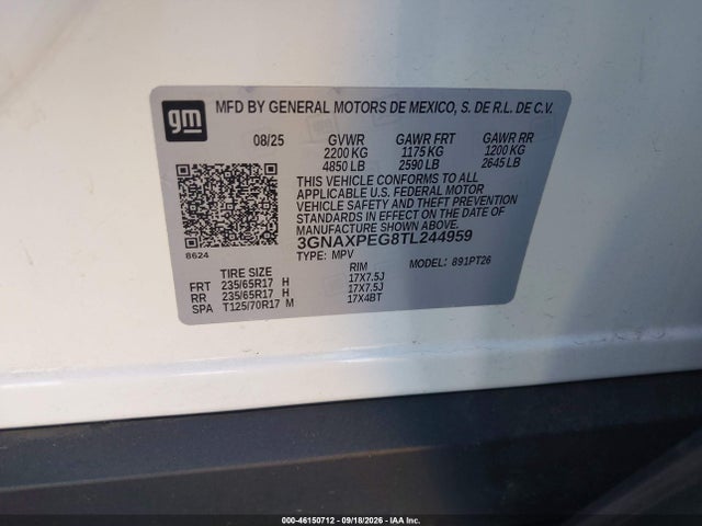 Продаж на аукціоні авто 2026 Chevrolet Equinox Awd Lt, vin: 3GNAXPEG8TL244959, номер лоту: 46150712