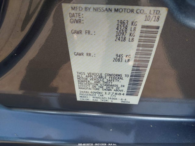 2019 Nissan Altima 2.5 Sv მანქანა იყიდება აუქციონზე, vin: 1N4BL4DV0KC127884, აუქციონის ნომერი: 46150720