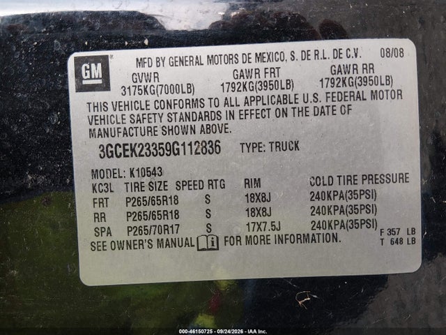46150725 :رقم المزاد ، 3GCEK23359G112836 vin ، 2009 Chevrolet Silverado 1500 Lt مزاد بيع