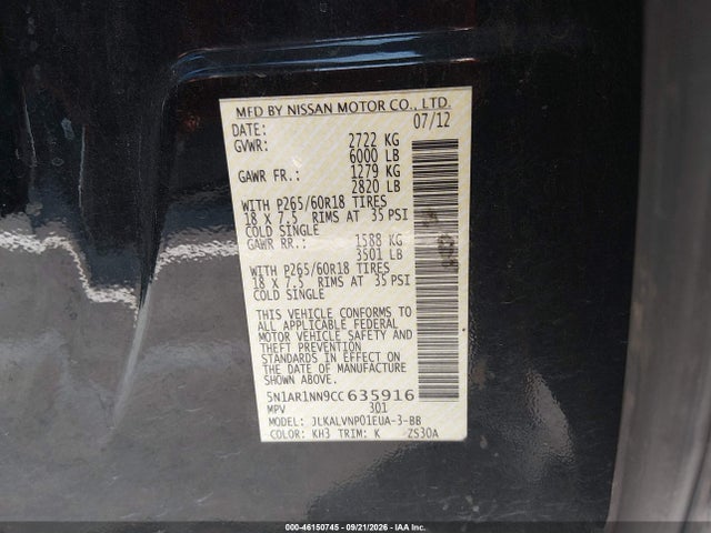 46150745 :رقم المزاد ، 5N1AR1NN9CC635916 vin ، 2012 Nissan Pathfinder Le مزاد بيع