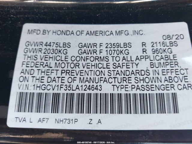 1HGCV1F35LA124643 Honda Accord Sport