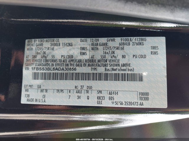 Aukcja sprzedaży 2010 Ford E-350 Super Duty Xl/xlt, vin: 1FBSS3BL6ADA30856, numer aukcji: 46150754
