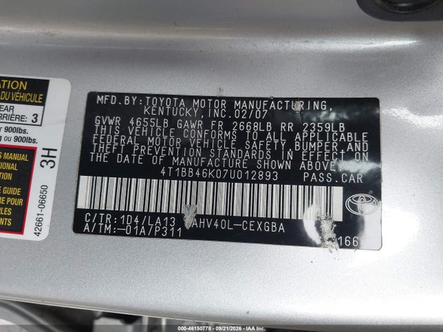 2007 Toyota Camry Hybrid მანქანა იყიდება აუქციონზე, vin: 4T1BB46K07U012893, აუქციონის ნომერი: 46150778