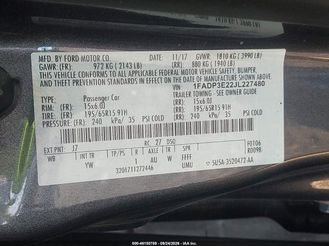 Auction sale of the 2018 Ford Focus S, vin: 1FADP3E22JL227480, lot number: 46150789