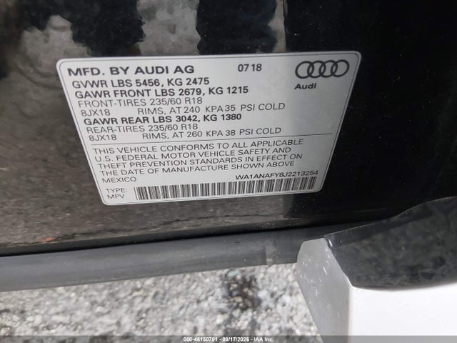 Aukcja sprzedaży 2018 Audi Q5 2.0t Premium/2.0t Tech Premium, vin: WA1ANAFY8J2213254, numer aukcji: 46150791