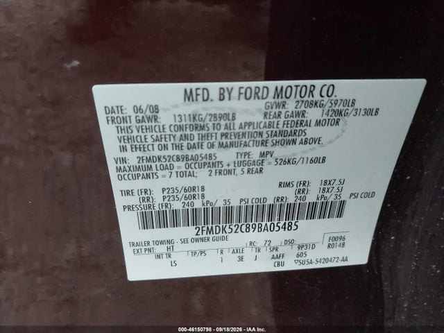 Aukcja sprzedaży 2009 Ford Flex Sel, vin: 2FMDK52C89BA05485, numer aukcji: 46150798