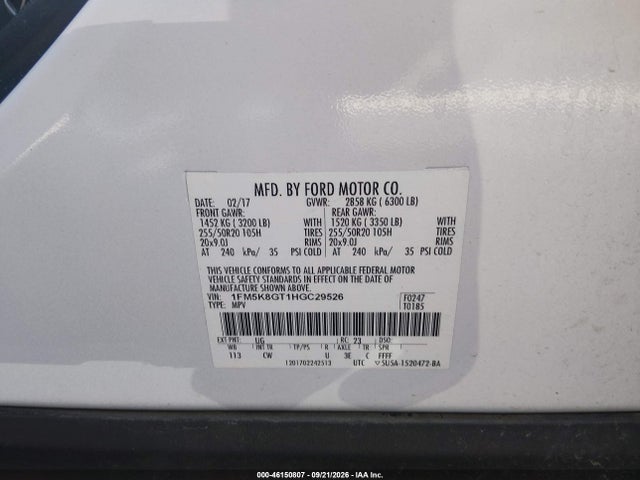 46150807 :رقم المزاد ، 1FM5K8GT1HGC29526 vin ، 2017 Ford Explorer Sport مزاد بيع
