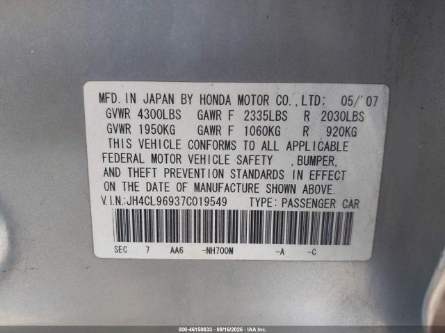 Продажа на аукционе авто 2007 Acura Tsx, vin: JH4CL96937C019549, номер лота: 46150833