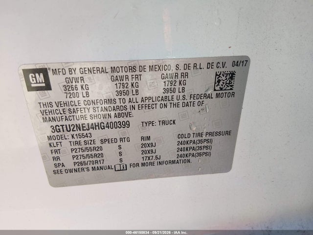 Auction sale of the 2017 Gmc Sierra 1500 Slt, vin: 3GTU2NEJ4HG400399, lot number: 46150834