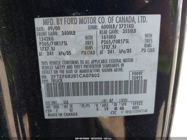 2001 Ford F-150 Xl/xlt მანქანა იყიდება აუქციონზე, vin: 2FTZF08281CA07803, აუქციონის ნომერი: 46150850