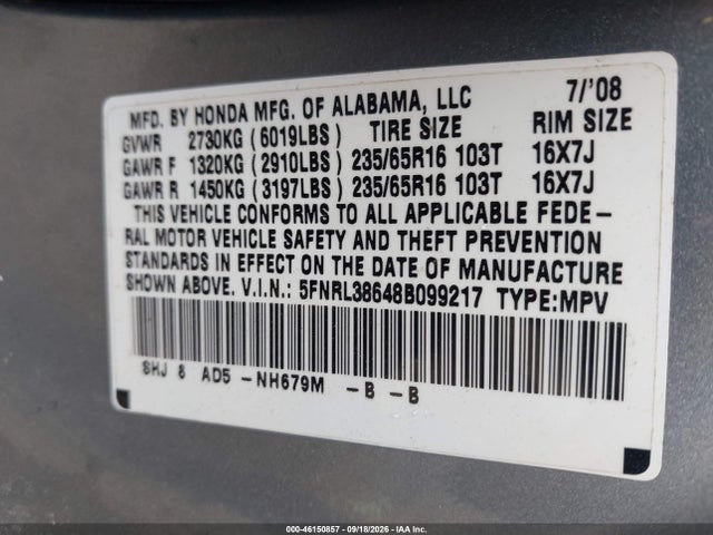 Продаж на аукціоні авто 2008 Honda Odyssey Ex-l, vin: 5FNRL38648B099217, номер лоту: 46150857