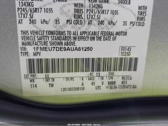 Продажа на аукционе авто 2010 Ford Explorer Xlt, vin: 1FMEU7DE9AUA61250, номер лота: 46150868