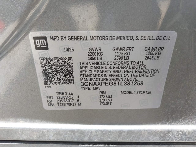 Aukcja sprzedaży 2026 Chevrolet Equinox Awd Lt, vin: 3GNAXPEG8TL331258, numer aukcji: 46150893