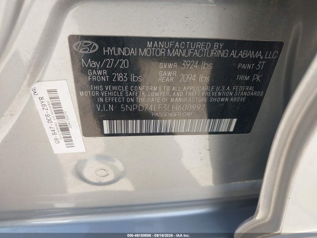 Aukcja sprzedaży 2020 Hyundai Elantra Se, vin: 5NPD74LF3LH600992, numer aukcji: 46150898