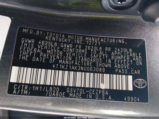 Продаж на аукціоні авто 2022 Toyota Camry Xse V6, vin: 4T1KZ1AK3NU063089, номер лоту: 46150905
