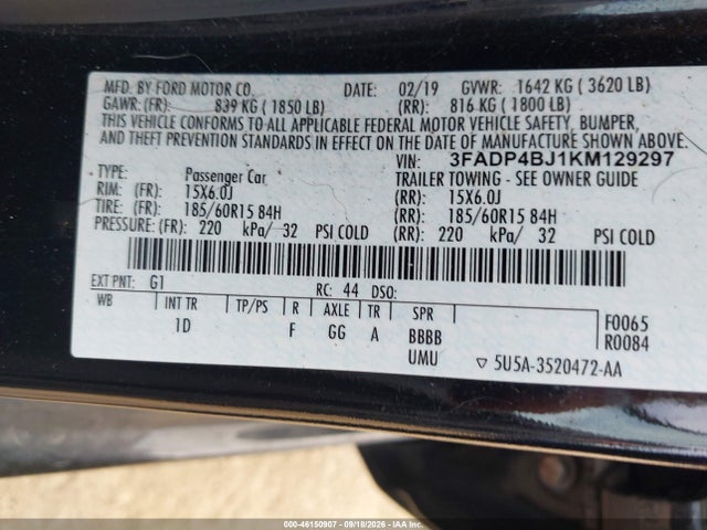 46150907 :رقم المزاد ، 3FADP4BJ1KM129297 vin ، 2019 Ford Fiesta Se مزاد بيع